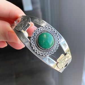OLD Fred Harvey era STERLING SILVER & TURQUOISE THUNDERBIRD BRACELET w/ SNAKES